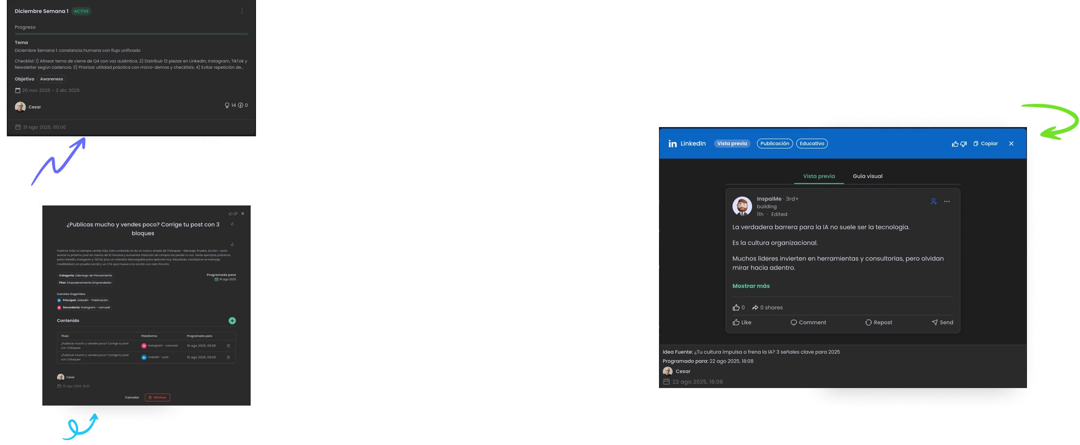 Elementos de interfaz de InspaiMe - Herramientas de marketing de contenido