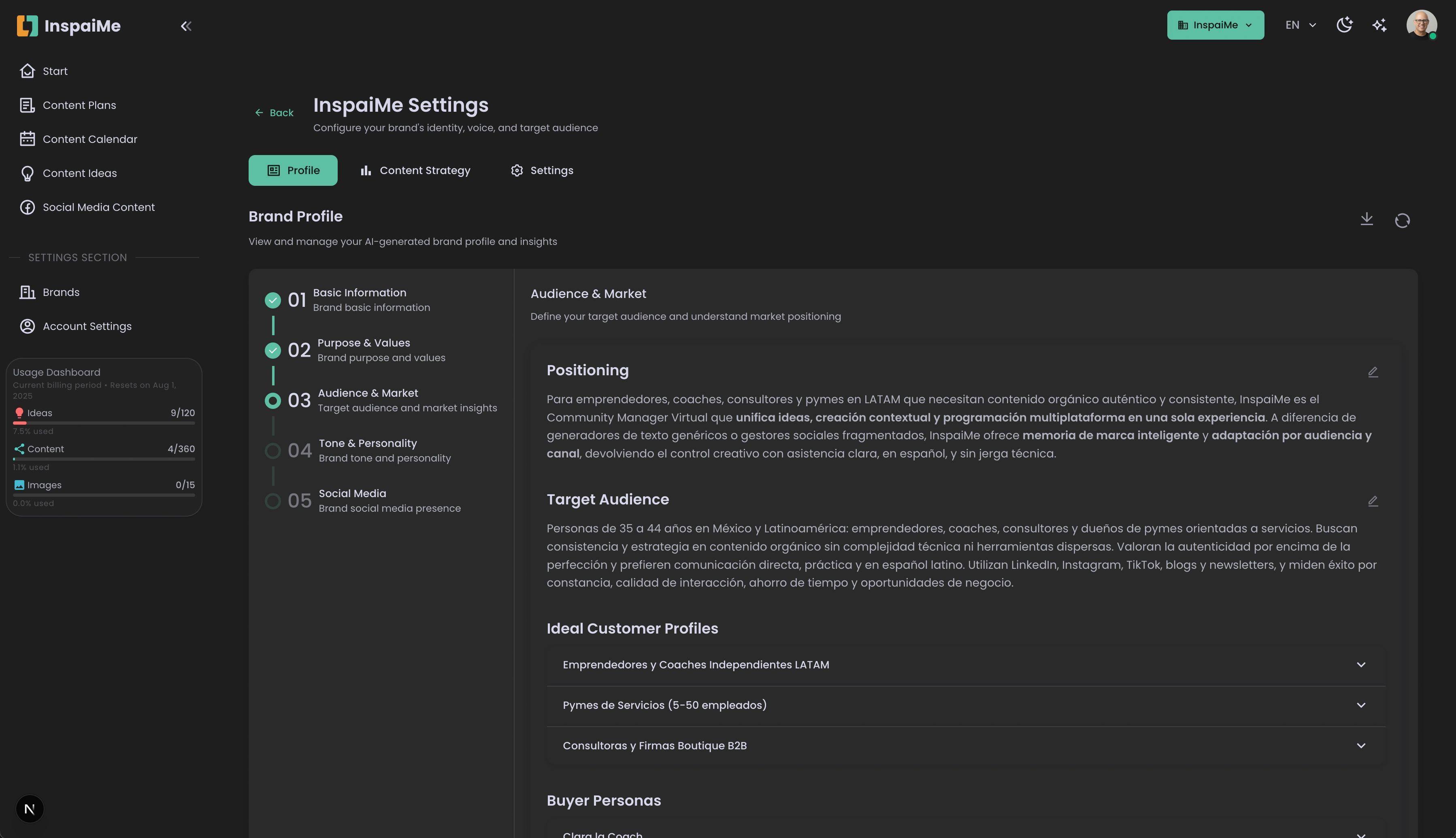 InspaiMe dashboard - Position yourself as a thought leader on social media, with consistency and authenticity. - Interfaz de creación de contenido con IA