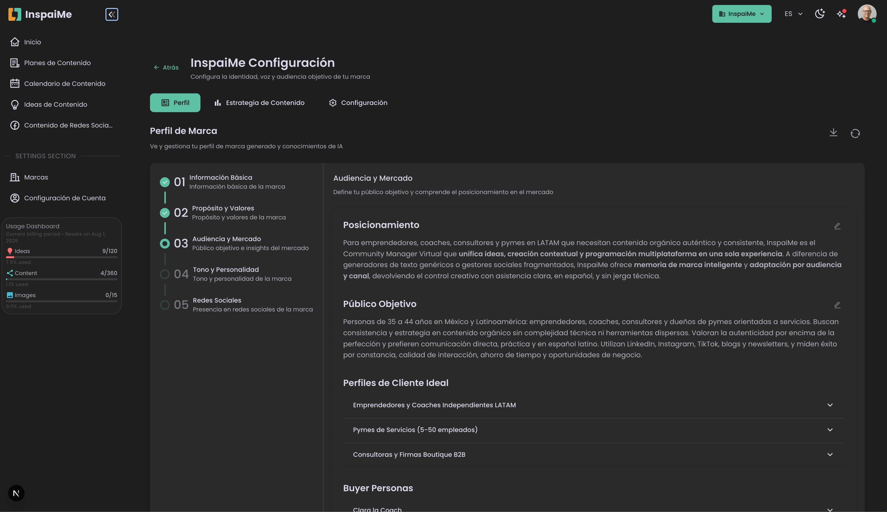 InspaiMe dashboard - Posiciónate como referente en redes sociales, con constancia y autenticidad - Interfaz de creación de contenido con IA