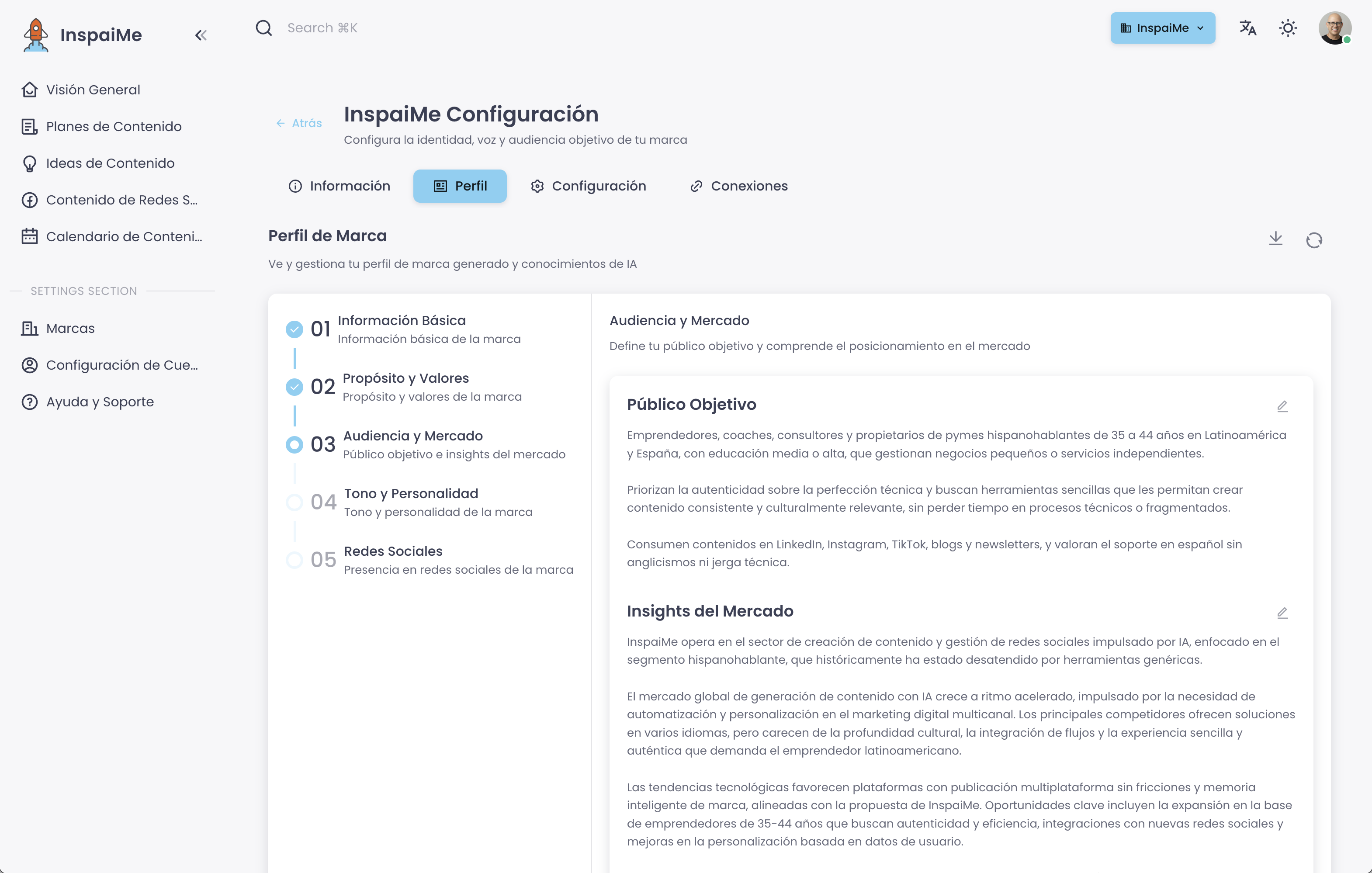 InspaiMe dashboard - Tu Community Manager Virtual que realmente te entiende - Interfaz de creación de contenido con IA